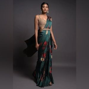 Peacock Green Ready Pleated Saree With Floral Print And Embellished Blouse